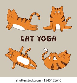 Cartoon funny yoga cat vector illustration. Yoga set for kids.	