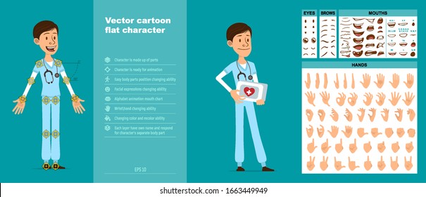 Cartoon funny young hospital doctor with stethoscope in uniform. Ready for animations. Face expressions, eyes, brows, mouth and hands easy to edit. Isolated on blue background. Big vector icon set.