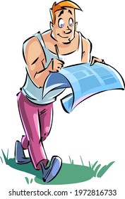 Cartoon funny young man walks and reads a newspaper