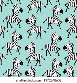 Cartoon funny zebra seamless pattern. Hand drawn vector graphics. Good for Textile print, wrapping and wall paper, and other gift design.