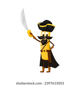 Cartoon funny ziti italian pasta pirate and corsair character armed with saber. Isolated vector culinary adventurer sailing the high seas in search of delicious treasure. Traditional cuisine of Italy