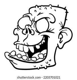 Cartoon funny zombie character design with scary face expression. Halloween vector illustration outlined contour for coloring book isolated.