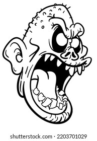 Cartoon funny zombie character design with scary face expression. Halloween vector illustration outlined contour for coloring book isolated.