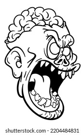 Cartoon funny zombie character design with scary face expression. Halloween vector illustration outlined contour for coloring book isolated.
