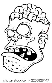 Cartoon funny zombie character design with scary face expression. Halloween vector illustration outlined contour for coloring book isolated.
