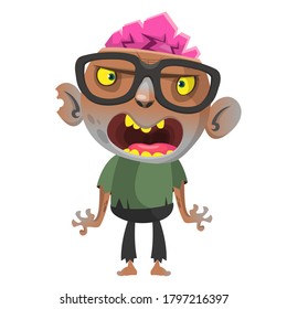 Cartoon funny zombie wearing eyeglasses. Halloween vector illustration of zombie creature