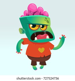 Cartoon funny zombie wearing t-shirt with a skull. Halloween vector illustration of happy monster
