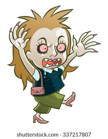 Cartoon funny zombie woman on the white background. 