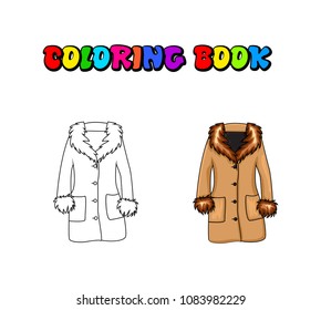 Cartoon fur winter coat coloring book isolated on white background