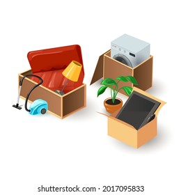 Cartoon furniture from flat or house, sofa, lamp, vacuum cleaner, plant, tv, washing machine. Vector moving day, relocation, new space, cargo. Idea of resettlement isolated on white