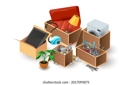 Cartoon Furniture From Flat Or House, Sofa, Lamp, Vacuum Cleaner, Plant, Tv, Washing Machine. Vector Moving Day, Relocation, New Space, Cargo. Idea Of Resettlement Isolated On White