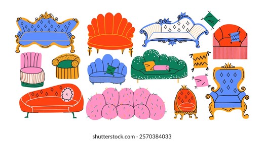 Cartoon furniture: sofas, armchairs and chairs, interior items. Bright furniture of different shapes and sizes for the home for the living room and hallway in Victorian style vintage with patterns.