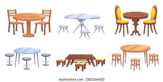 Cartoon furniture. Tables with chairs for dining, restaurant and picnic scene. Table for two vector illustration set of furniture table and chair, dining interior cafe