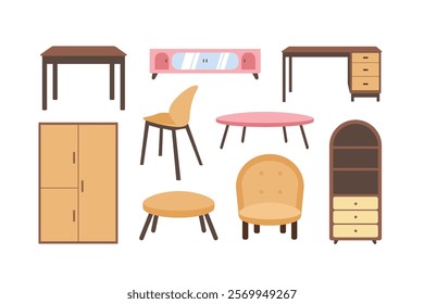 Cartoon furniture vector set, home apartment interior decor items, table chair cupboard, flat illustration design elements