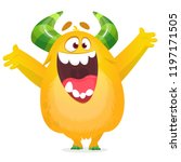 Cartoon furry monster. Halloween vector illustration of excited monster