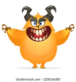 Cartoon furry monster. Halloween vector illustration of excited monster