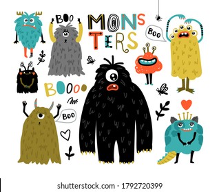 Cartoon furry monsters. Cute creatures with fun face, little funny symbols of horror, humor characters for mascot, vector illustration monsters for stickers isolated on white backgr