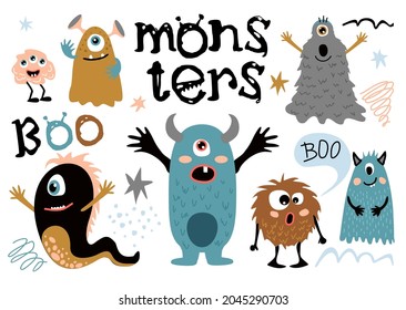 Cartoon furry monsters. Cute creatures with fun face, little funny symbols of horror, humor characters for mascot, vector illustration monsters for stickers isolated on white background