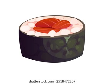 Cartoon futomaki, classic Japanese tuna sushi roll, featuring slice of fresh fish, encased in white rice and dark nori seaweed. Isolated vector japan cuisine meal, traditional Asian restaurant seafood