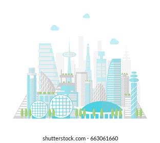 Cartoon Future City on a Landscape Background Flat Style Design Elements Modern Architecture. Vector illustration