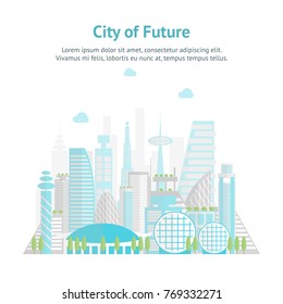 Cartoon Future City on a Landscape Background Card Poster Flat Style Design Elements Modern Architecture. Vector illustration