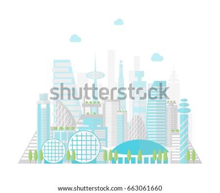 Cartoon Future City on a Landscape Background Flat Style Design Elements Modern Architecture. Vector illustration