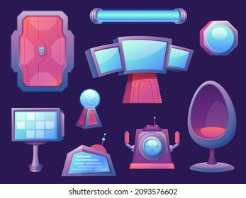 Cartoon Futuristic Alien Space Ship Room Interior Elements. Spaceship Cockpit And Screen, Chair And Door. Rocket Equipment, Game Vector Set. Illustration Of Ship Alien Interior Futuristic