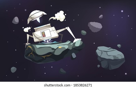 Cartoon futuristic background with robotic flying object keeping space element in starry sky vector illustration