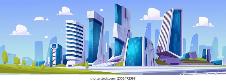 Caricatura de ciudad futurista con parque verde. Ilustración vectorial de rascacielos modernos con paredes de vidrio, aviones que vuelan entre casas, jardín ecológico con césped y árboles. Arquitectura urbana de alta tecnología