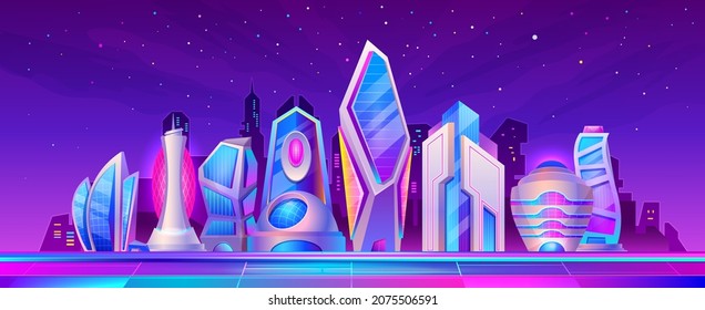 Cartoon futuristic city night landscape with neon light. Cyberpunk future metropolis street with skyscrapers. Fiction cityscape vector scene. Innovative infrastructure with glowing town