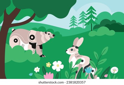 Cartoon futuristic landscape with cyborg animals. Robotic fauna. Mechanical bear. Hare in forest meadow. Zoo machines. Automaton creatures. Cybernetic mammals. Garish