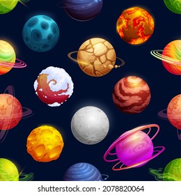 Cartoon futuristic planets, stars seamless pattern, vector galaxy background. Cosmos asteroids and fantasy space planets with satellite meteorites, meteors and comets, cartoon sky pattern