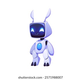 Cartoon futuristic robot bunny character, digital mascot and droid animal, vector personage. Cartoon toy bunny cyborg or robotic android bot with animal head and face display for futuristic character