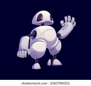 Cartoon futuristic robot character with shiny white armor and purple eyes, waving its hand. Vector charming digital mascot epitomizing advanced technology, innovation, robotics, or sci fi cybernetic