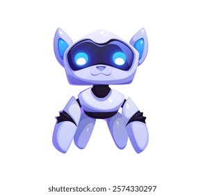 Cartoon futuristic robot mascot character resembling small dog with glowing blue eyes, sleek white body and cute ears. Isolated vector charming and playful sci fi technology, ai, robotics animal pet