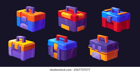 Cartoon futuristic sci fi toolbox case, space chest game asset. Vector set of , vibrant boxes with handles, close lids and compartments. Storage for repair equipment, instruments and hardware