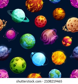 Cartoon futuristic space planets and stars seamless pattern. Alien galaxy planets system background, fantastic space habitable worlds wallpaper with lava, ice and craters, rings, continents in oceans