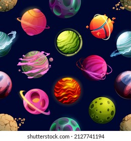 Cartoon futuristic space planets and stars seamless pattern background. Alien galaxy planets with lava, cracked surface and clouds. Fantastic space worlds, cosmos and astrology wallpaper, backdrop