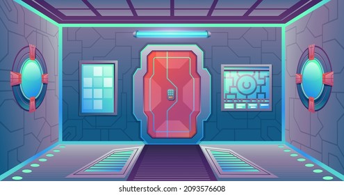 Cartoon futuristic spaceship corridor with door, panels and portholes. Space game sci-fi interior background. Cosmos station vector scene. Illustration of door spaceship and corridor