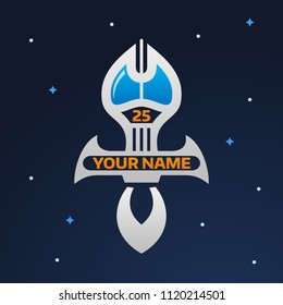 Cartoon futuristic spaceship in outer space. Vector illustration. Simple flying spacecraft for games, comics or logos.