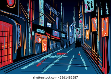 Cartoon futuristic street background. Colourful urban landscape, flat urban illustration. Hand-drawn vector illustration panorama, modern cityscape.