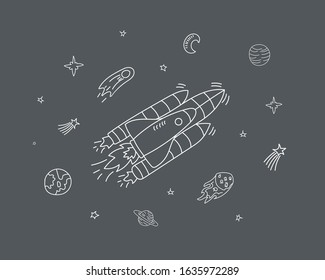 Cartoon galaxy with comets, asteroids, planets.Space elements flying in zero gravity.Astronomy. Space sketches.Moon and stars.The sun. Spaceship. Meteor. Alien. Hand-drawn doodle, vector illustration.