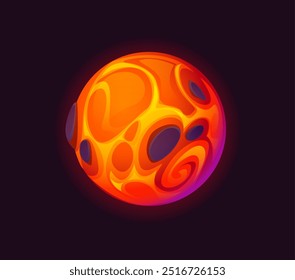 Cartoon Galaxy Fantasy Alien Magma Weltraumplanet mit wirbelnden Mustern in hellen Orange und Gelb mit dunkleren Flecken ähnlich vulkanischen Krater. Anderweltiger Vektor, sphärisches Himmelsobjekt