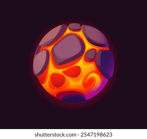 Fantasía de la galaxia de dibujos animados alienígena magma rojo planeta espacial. Vector ardiente esfera naranja con protuberancias redondeadas flotan en el cielo nocturno. Mundo extraterrestre o estrella con textura brillante, fundida, activo de juego