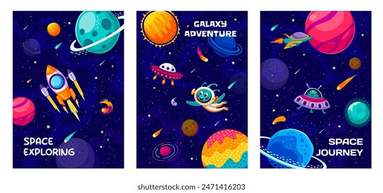 Cartoon galaxy landscape, space travel and explore vector banners. Cute alien astronaut characters in outer space with UFO spaceship, rocket and starship, galaxy universe planets, stars and comets