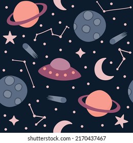 cartoon galaxy pattern with planets, constellations, comet, ufo and moon