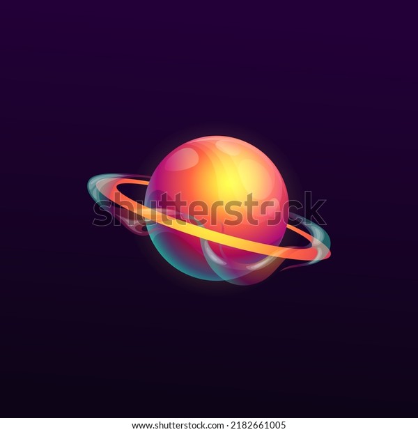 Cartoon galaxy planet with ring and waves. Deep\
space fantastic world or sci-fi exoplanet. Fantasy space game user\
interface element, alien planet vector icon with violet surface,\
gas and water ring