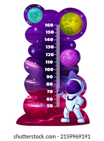 Planetas de galaxia de dibujos animados y vectores astronautas para niños gráfico de altura o medidor de crecimiento. Niñas y niños estadiómetro con fondo espacial, astronómico, estrellas y cráteres, escala de crecimiento pegatina de pared