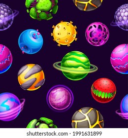 Cartoon galaxy planets and space stars seamless pattern. Vector fantasy planets, meteors and asteroids space universe background with orbit rings, glowing halos, craters and magma, cosmic backdrop