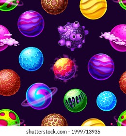 Cartoon galaxy planets and space stars seamless pattern, vector universe background. Galaxy asteroids and fantasy space planets with meteorites, meteors and comets, kids cartoon cosmic sky background